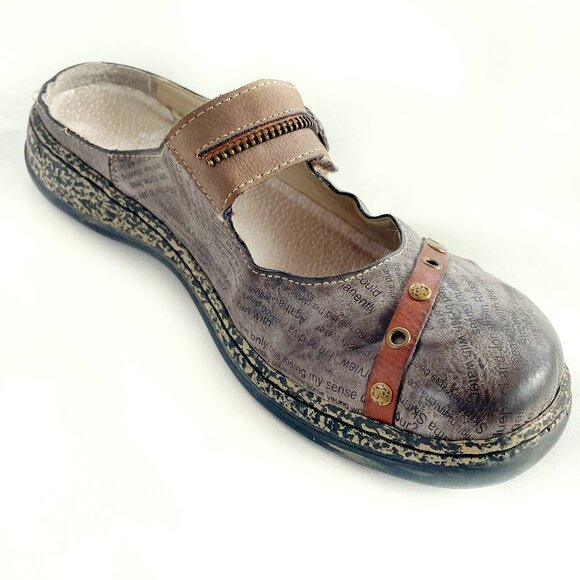 SOLD  Rieker 7 Antistress 38 Gray Leather Mary Jane Newspaper Slides Slip Ons - Picture 5 of 13